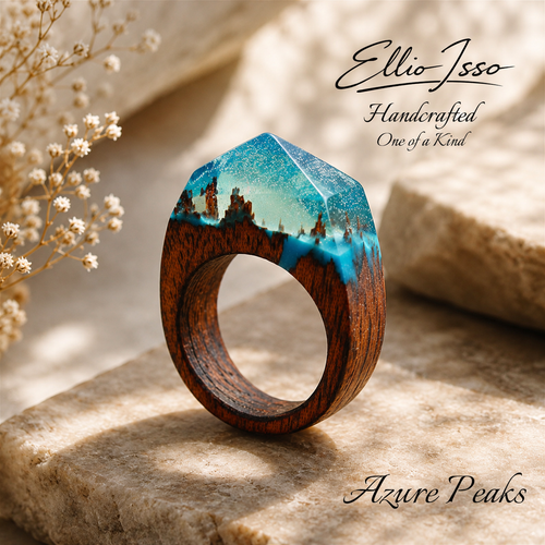 Ellio Isso "Azure Peaks" – Handcrafted Mountain Silhouette and Blue Sky Ring