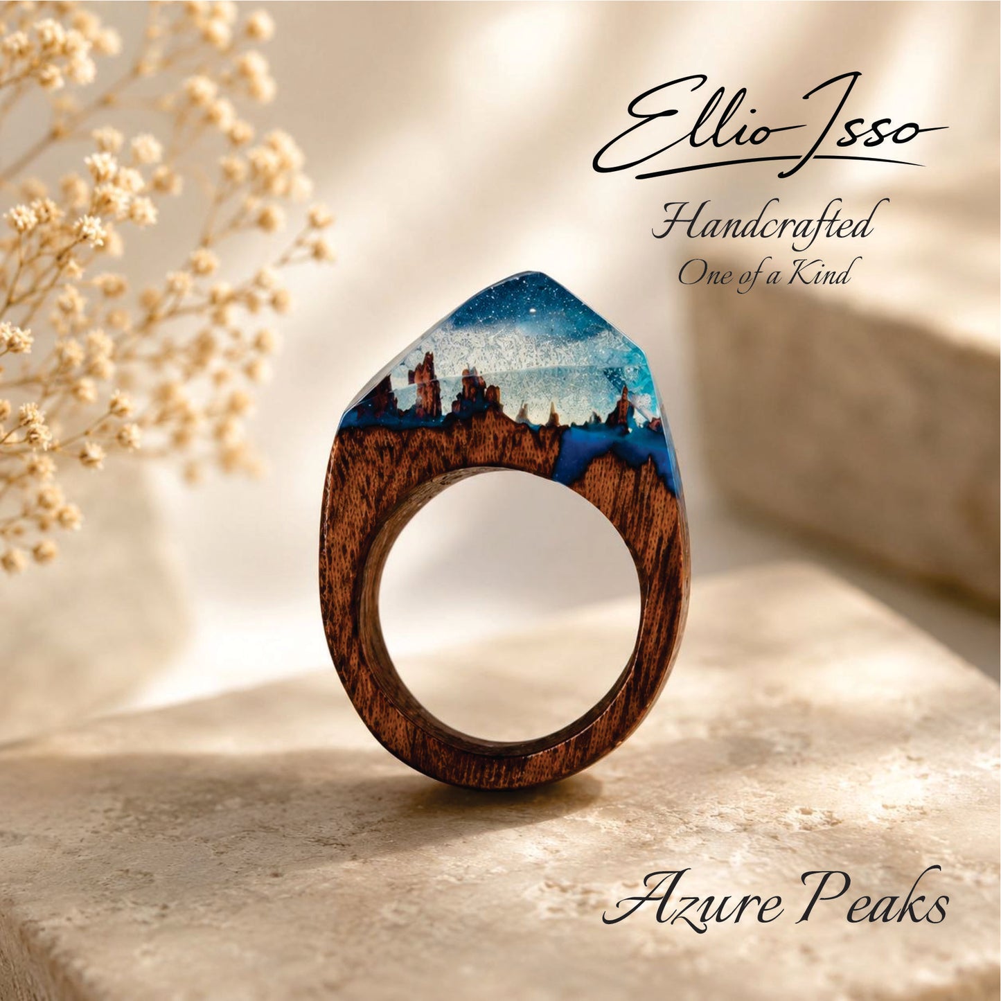 Ellio Isso "Azure Peaks" – Handcrafted Mountain Silhouette and Blue Sky Ring