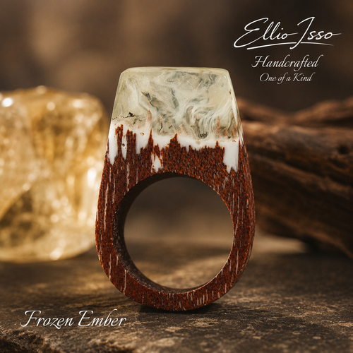 Ellio Isso "Frozen Ember" – Handcrafted Natural Wood and Premium Epoxy Resin Ring