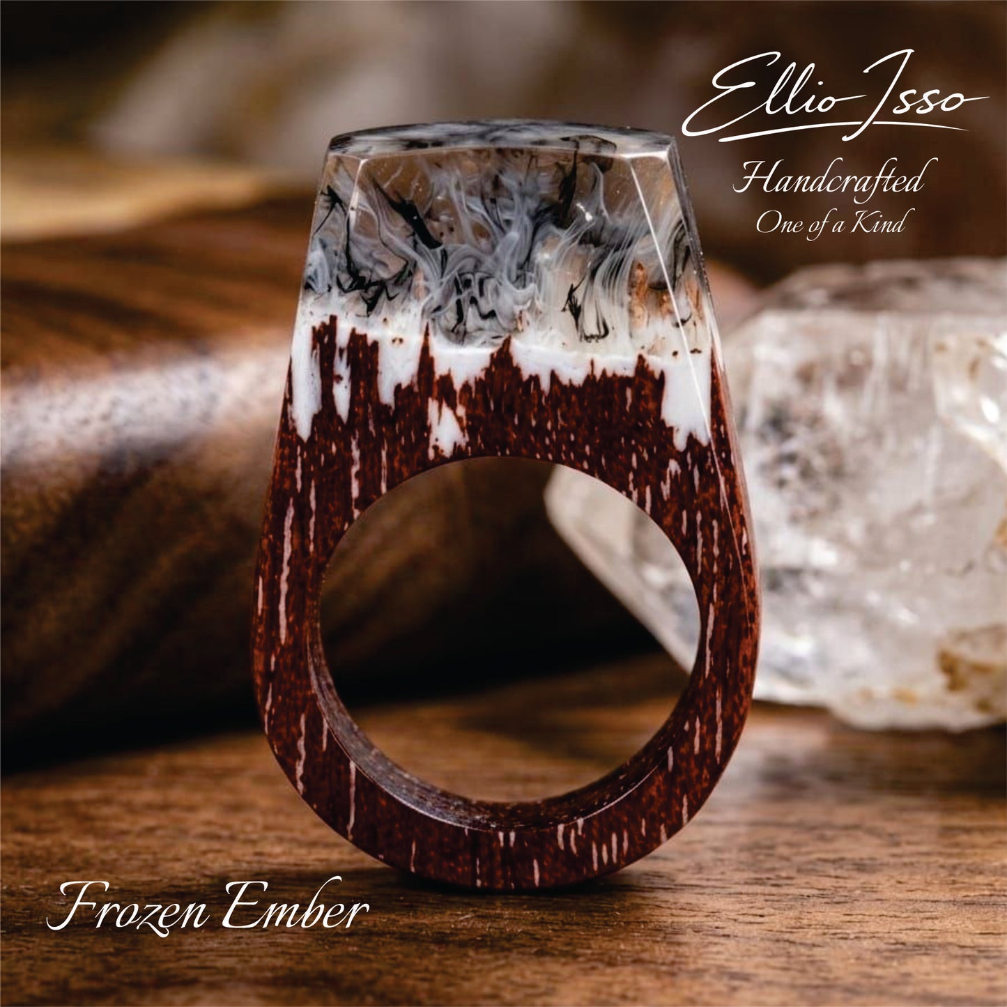 Ellio Isso "Frozen Ember" – Handcrafted Natural Wood and Premium Epoxy Resin Ring