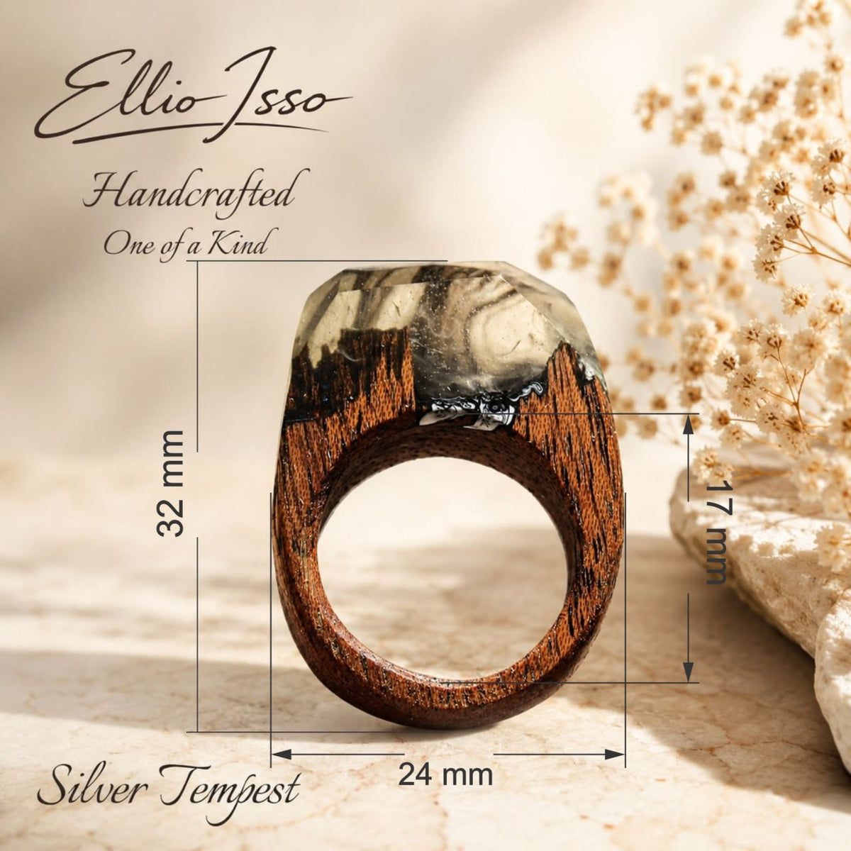 Ellio Isso "Silver Tempest" – Handcrafted Fluid Resin and Wind Movement Ring